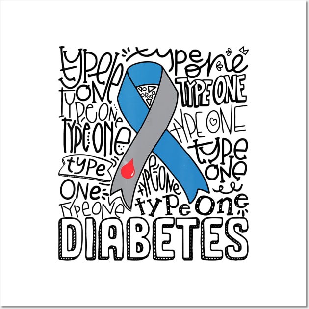 Diabetes awareness Grey Blue Ribbon Typography Type 1 Diabetes Gift Wall Art by thuylinh8